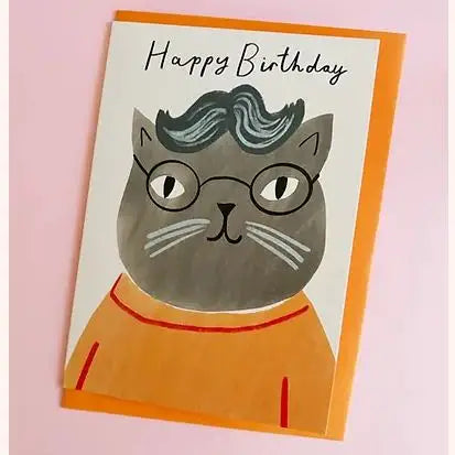 Glasses Grey Cat Birthday Card