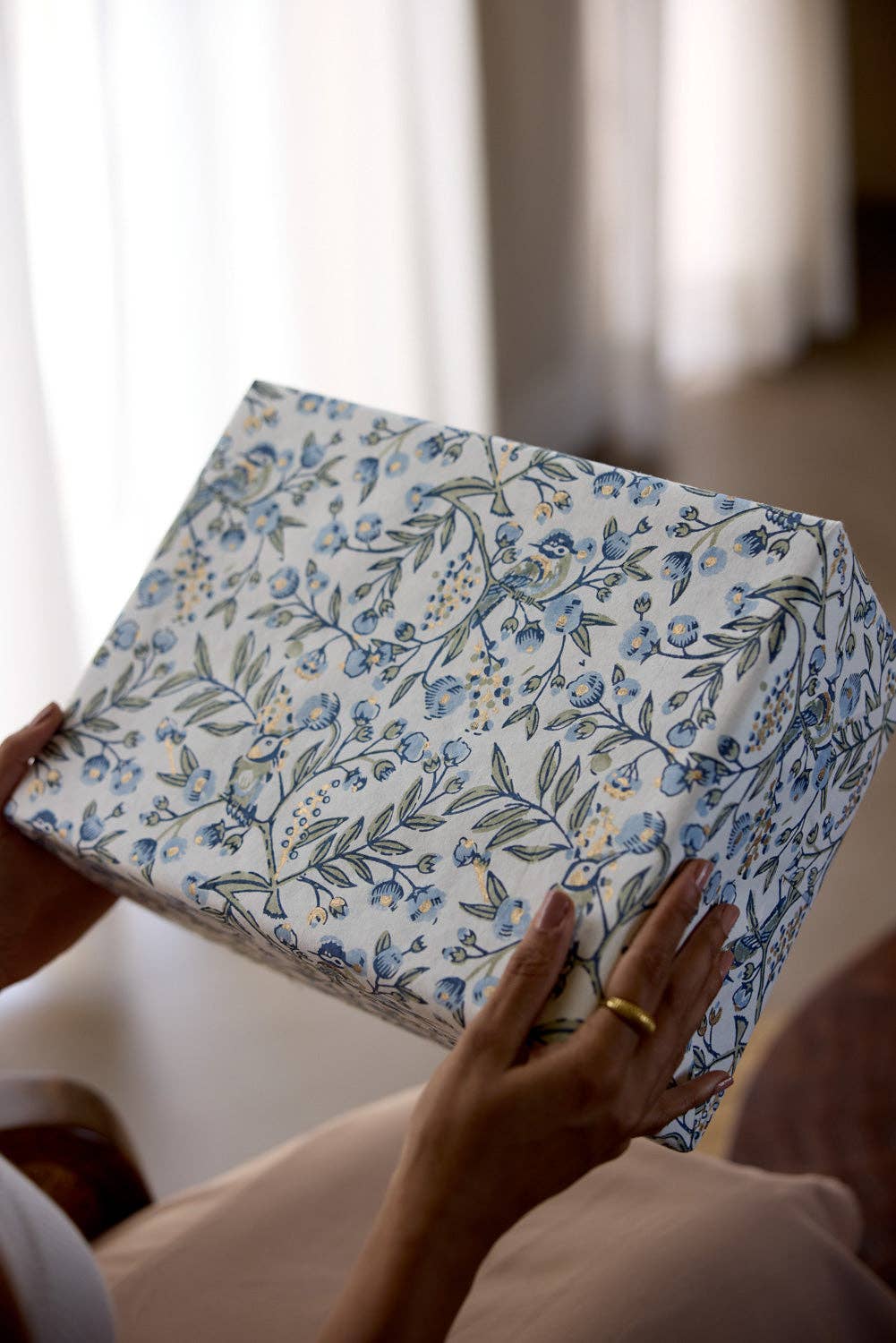 Song Birds Blue Stone Block Printed Wrapping Paper
