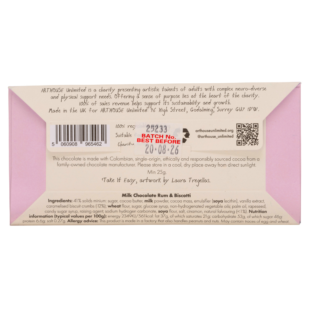 Joy Sized Bar - 'Take It Easy' Milk Chocolate Rum & Biscotti