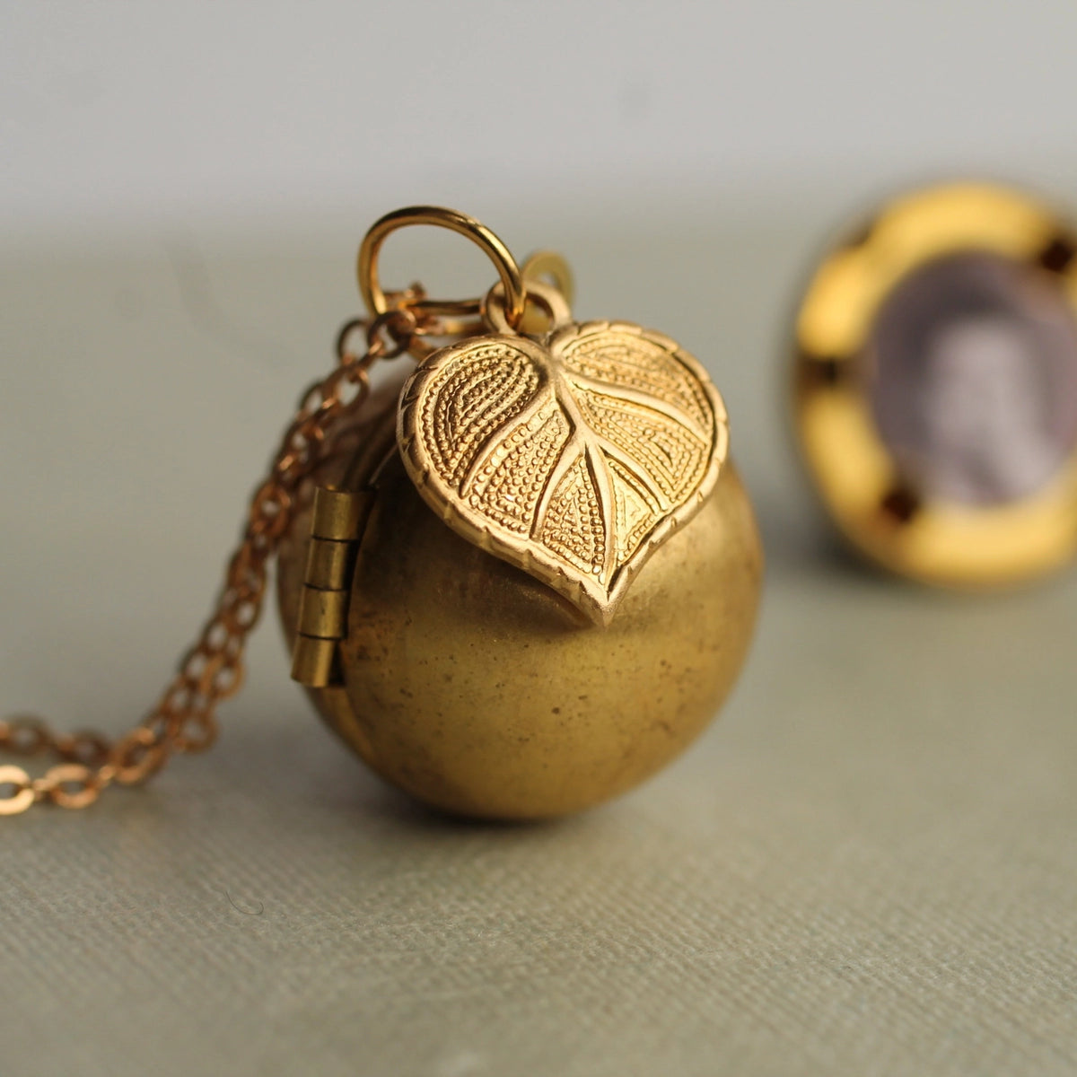 Vintage Sphere Locket with Leaf Charm