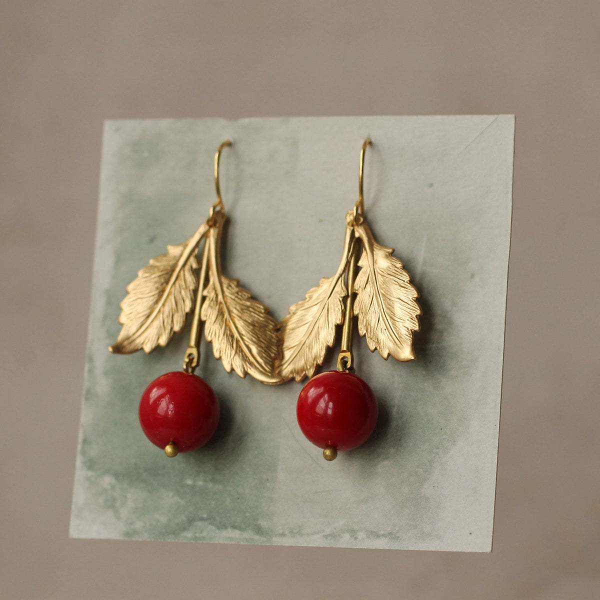 Gold Double Leaf Cherry Earrings