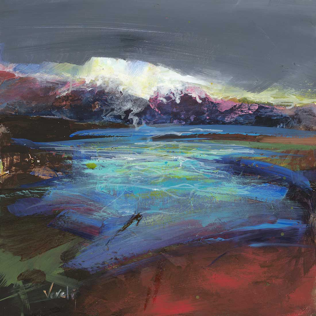 An abstract painting representing a dramatic landscape with a body of water, Loch Leven, under grey and red hues, indicating a challenging weather condition.