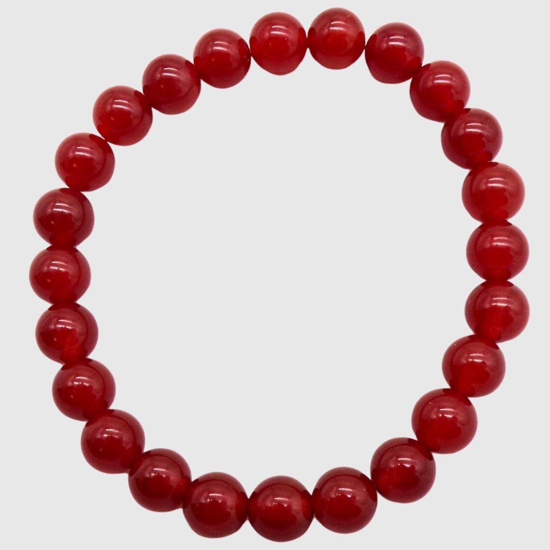 Carnelian bead bracelet with 8mm round glossy red-orange stones on elasticated band