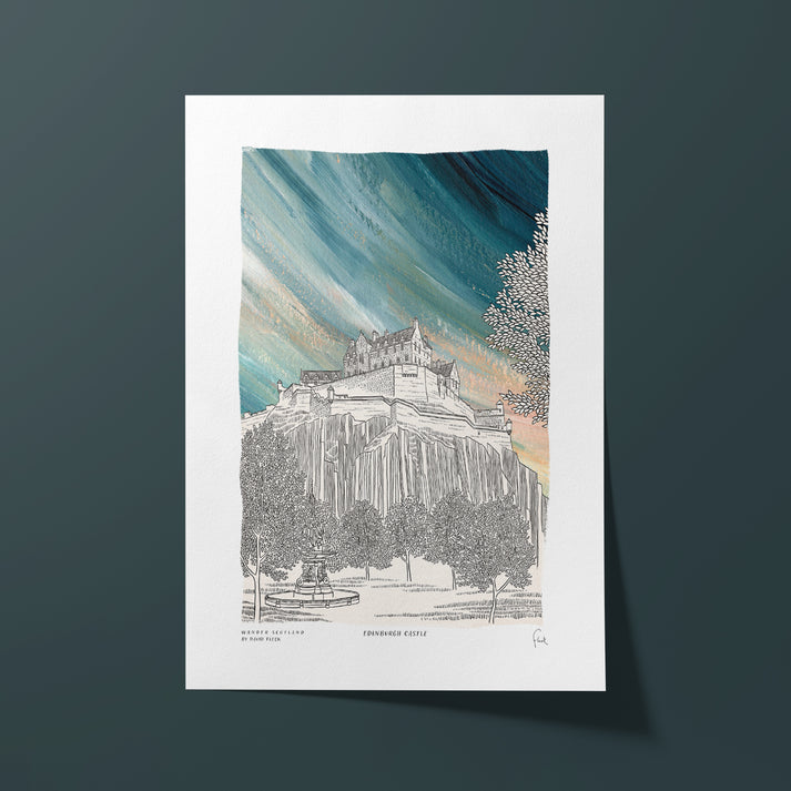 Art print of a castle with a colorful sky on a dark gray background