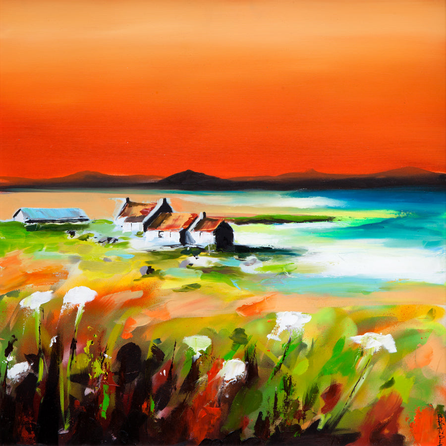 Colorful orange landscape painting with houses and mountains