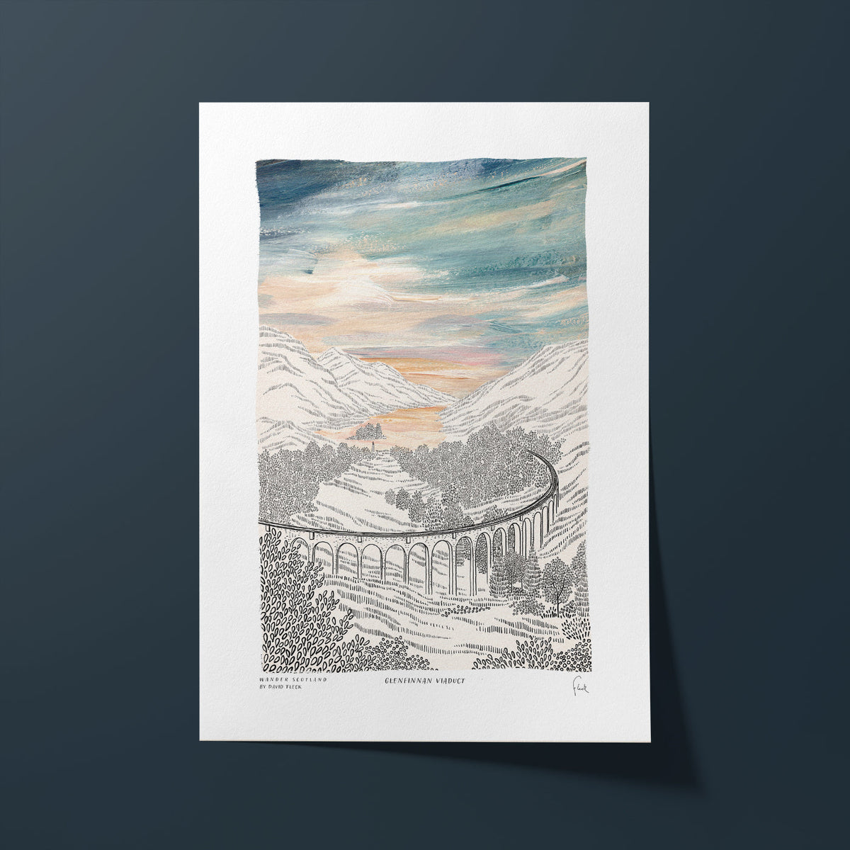 Art print of a landscape with a viaduct and mountains on a dark background