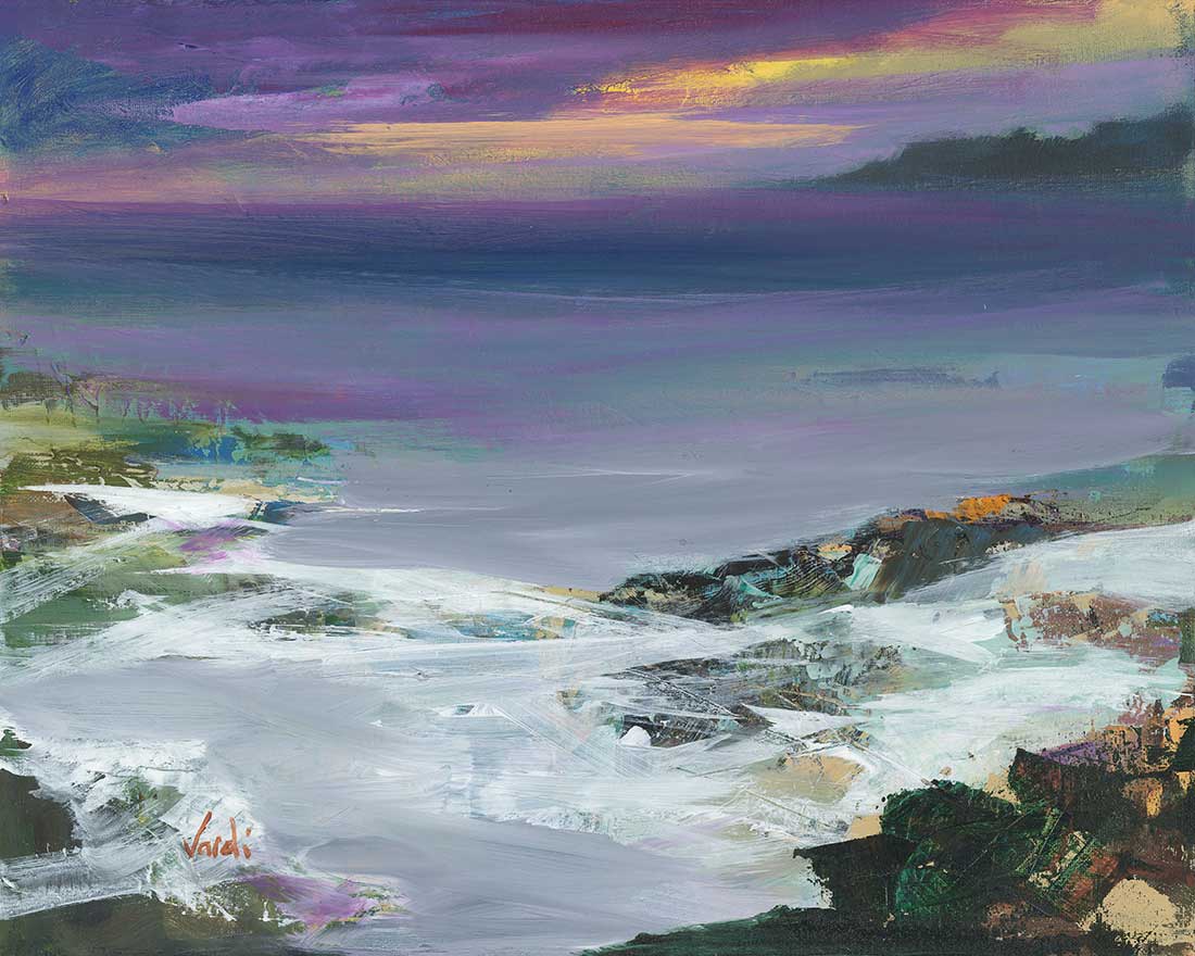 An art print of a calm beach scene with soft purples and greys, featuring gentle waves and a dramatic sky reflecting on the sea.