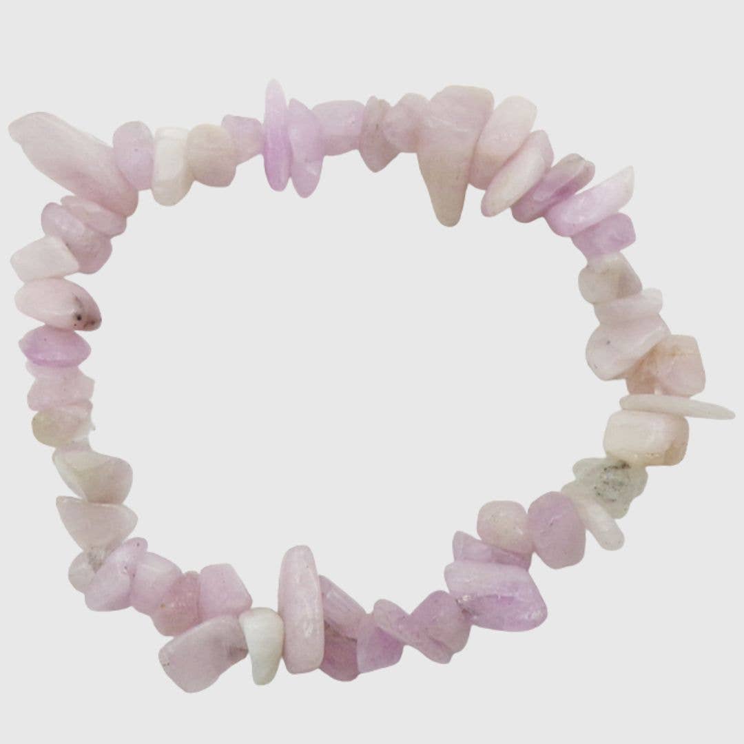 Kunzite chip bracelet made from natural irregular stone pieces on an elasticated band