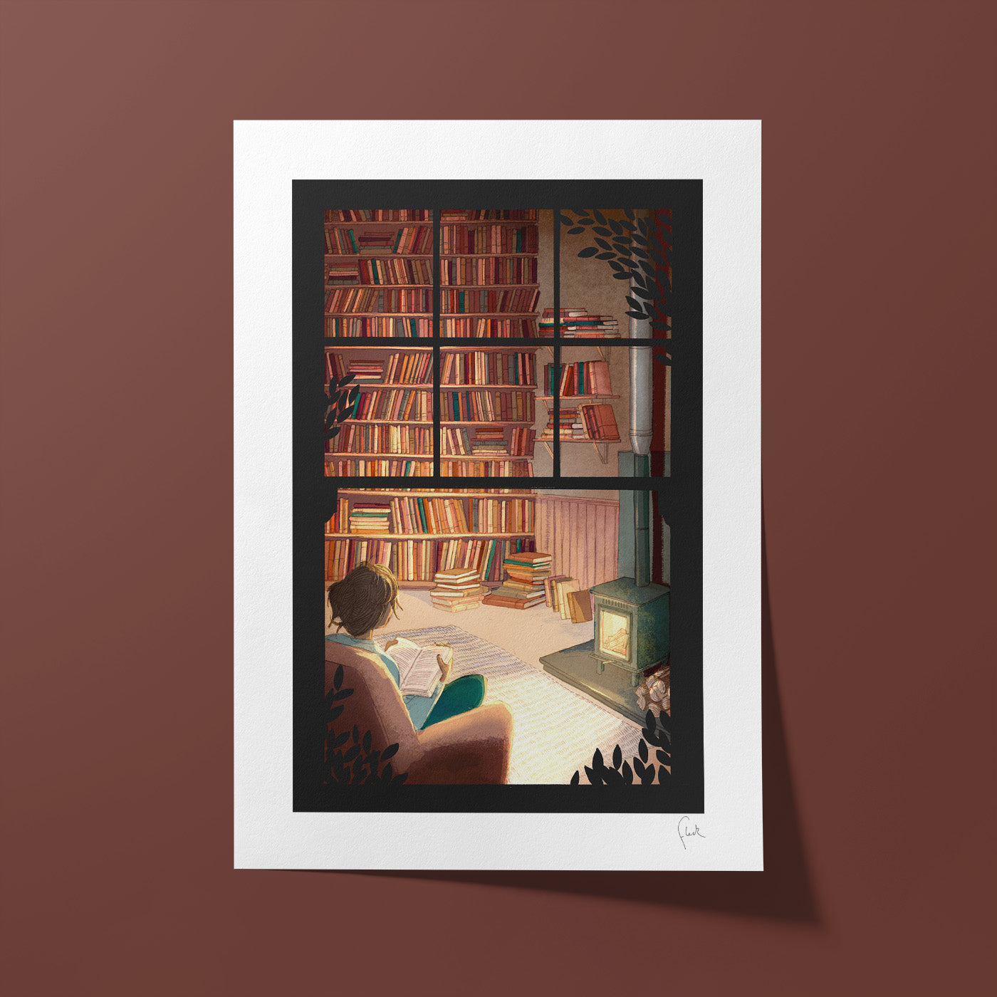 Illustration of a person reading a book in a room with bookshelves and a computer.