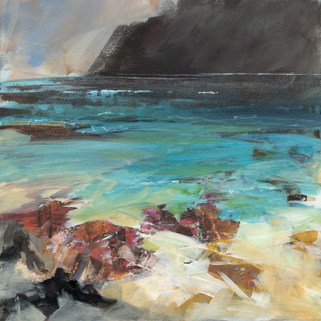 Art print of a coastal landscape with abstract elements, featuring shades of blue and gold on a beach with mountains in the background.