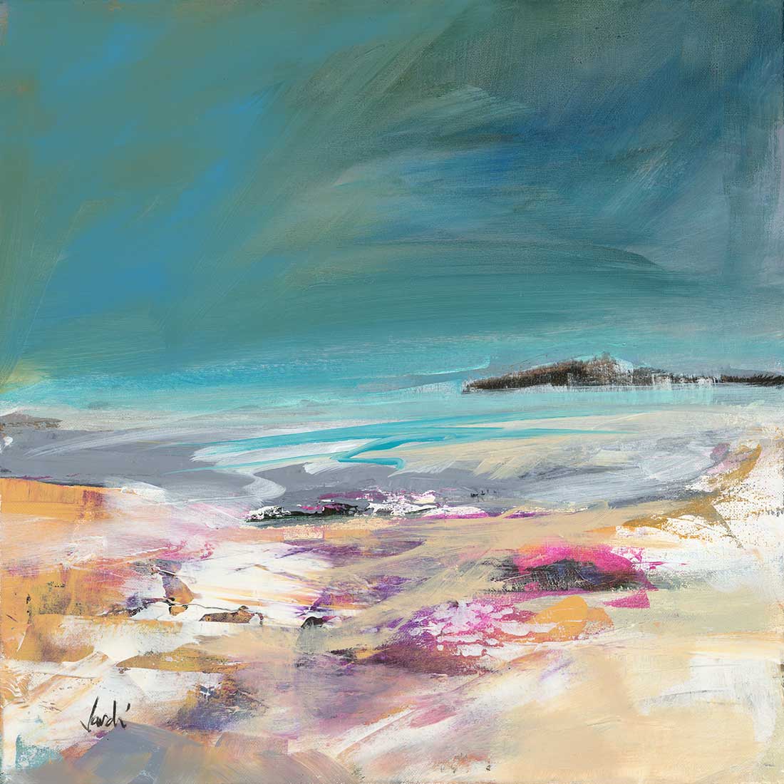 An abstract painting depicting a landscape with low clouds, a beach, and mountains in the background, featuring contrasting light yellow and dark sky colors, with white, grey, purple, and pink hues.