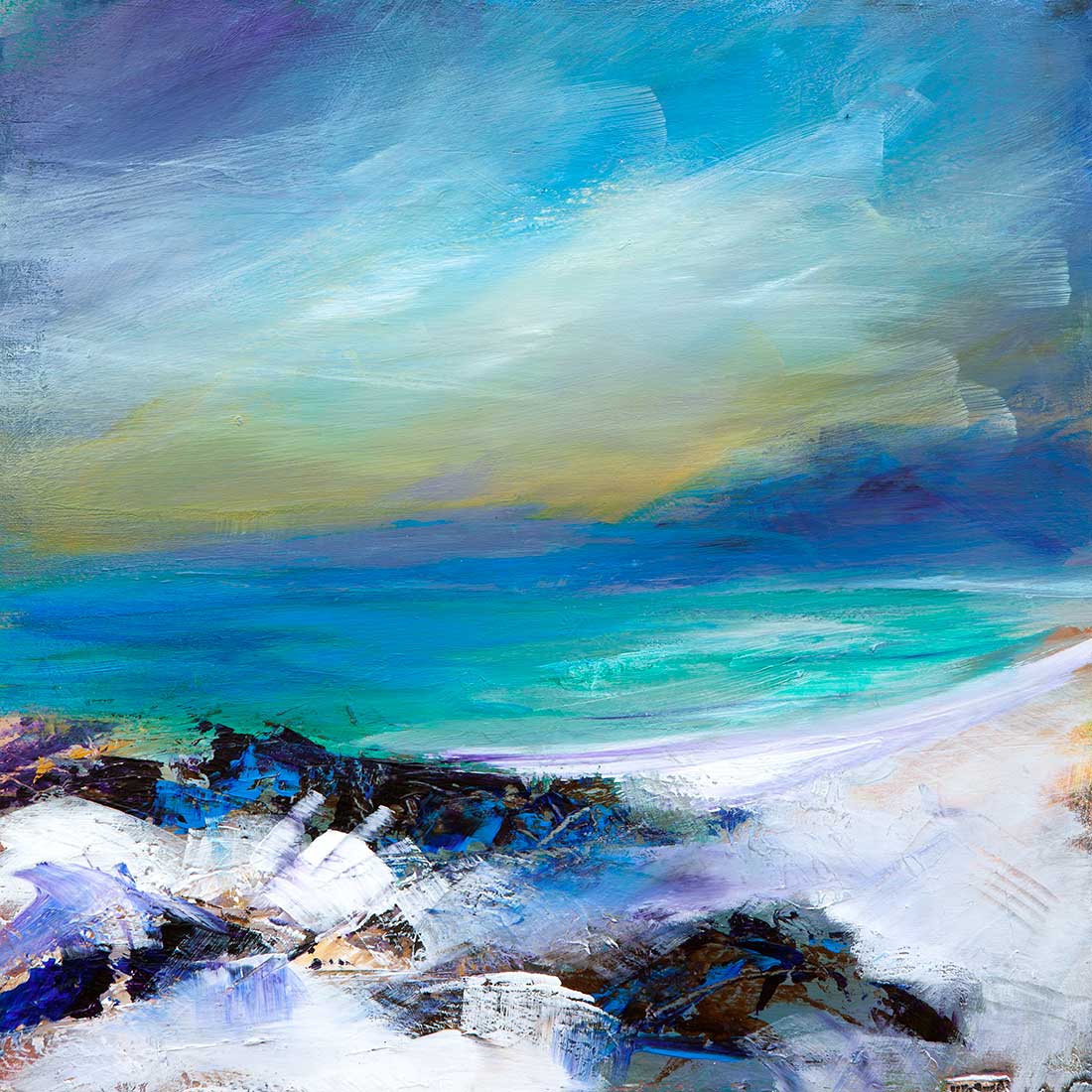 An abstract art print depicting a landscape with a body of clear blue water and a rugged shoreline in a vibrant, textured style.