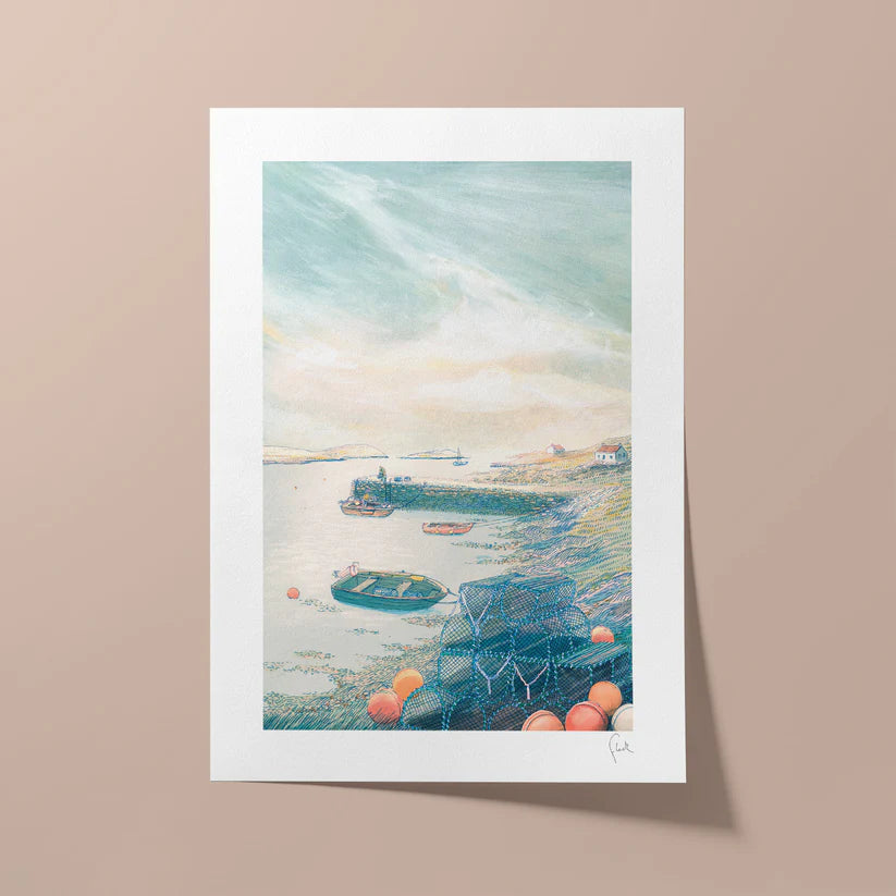 Framed artwork of a coastal scene with boats on a beige wall