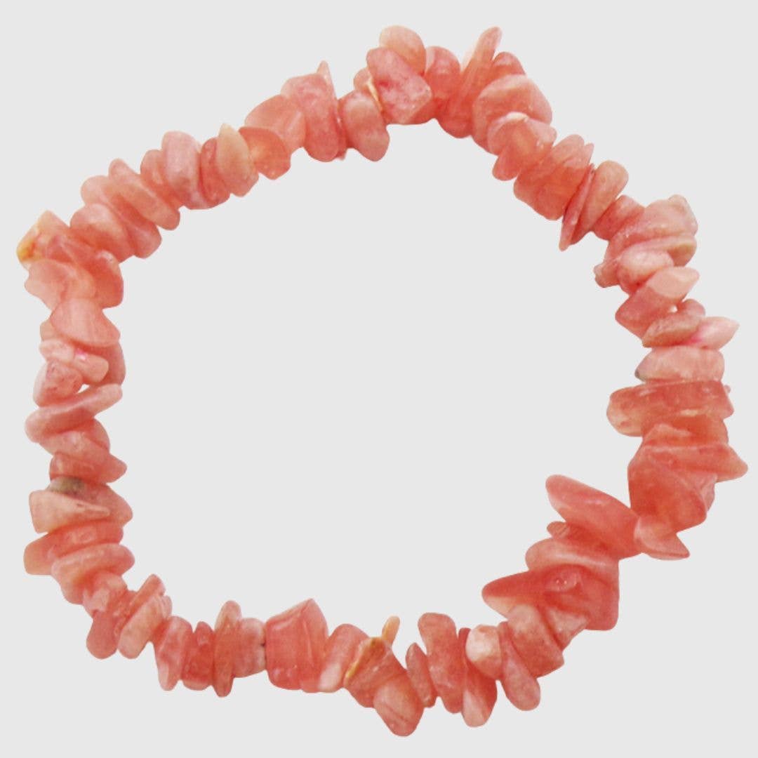 Rhodochrosite chip bracelet made from natural irregular stone pieces on an elasticated band