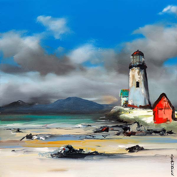 A Giclee art print of a lighthouse on the west coast of Scotland with a prominent red outhouse, featuring a bold use of color and artistic interpretation.