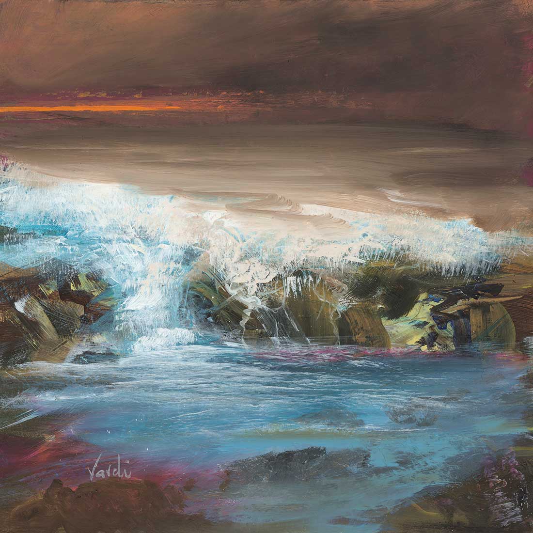 Art print of a dramatic coastal scene with rocky shoreline and seafoam, title 'The Finality of a Day' by Arie Vardi.