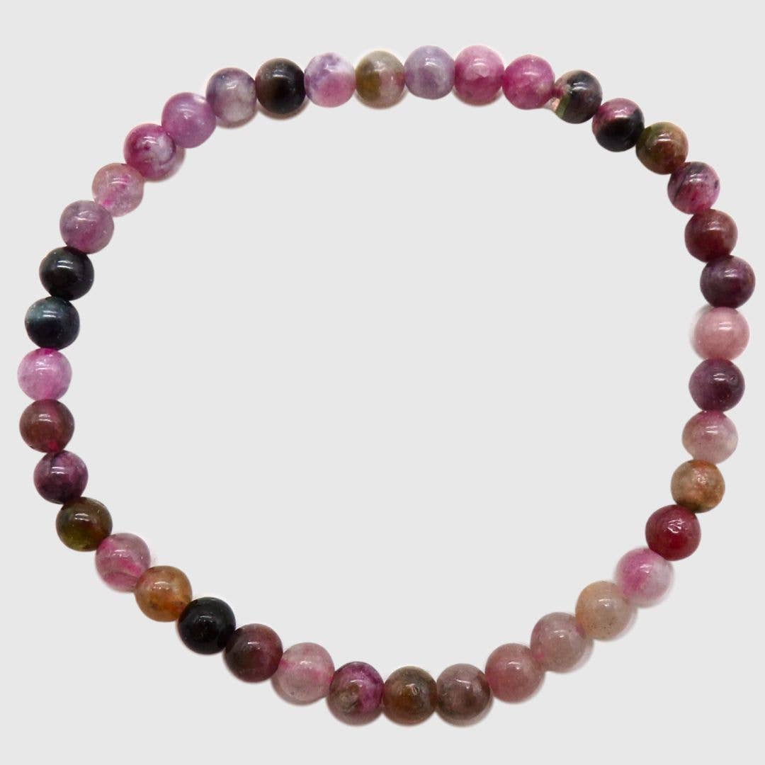 Watermelon Tourmaline bead bracelet with 5mm round purple stones on elasticated band