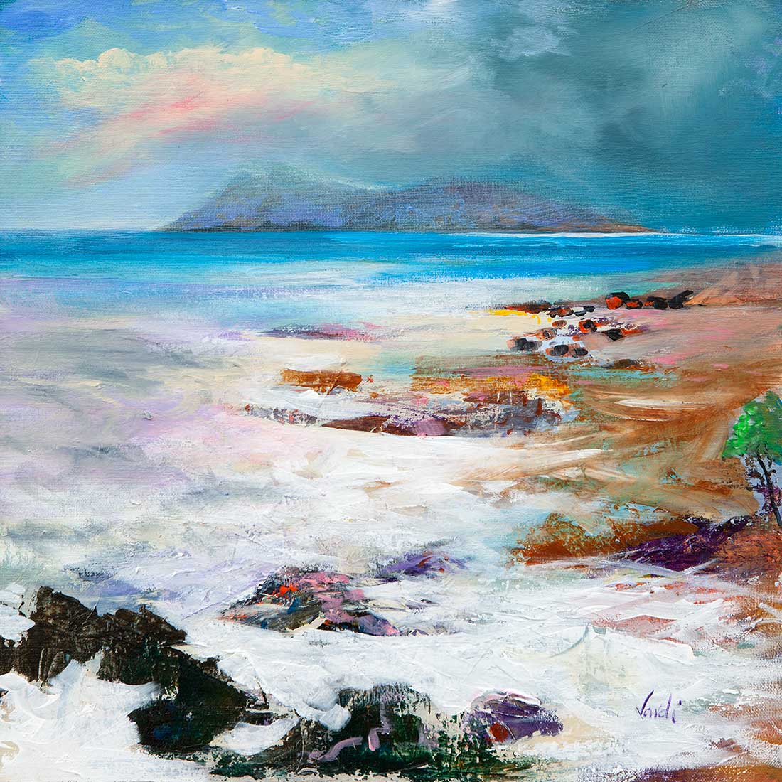 An art print of a painting depicting a landscape with white sand shores, clear blue water, and mountains in the background under a blue sky with clouds.