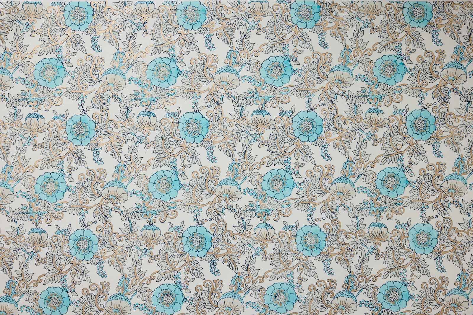 Wild Rose Blue Opal Block Printed Wrapping Paper