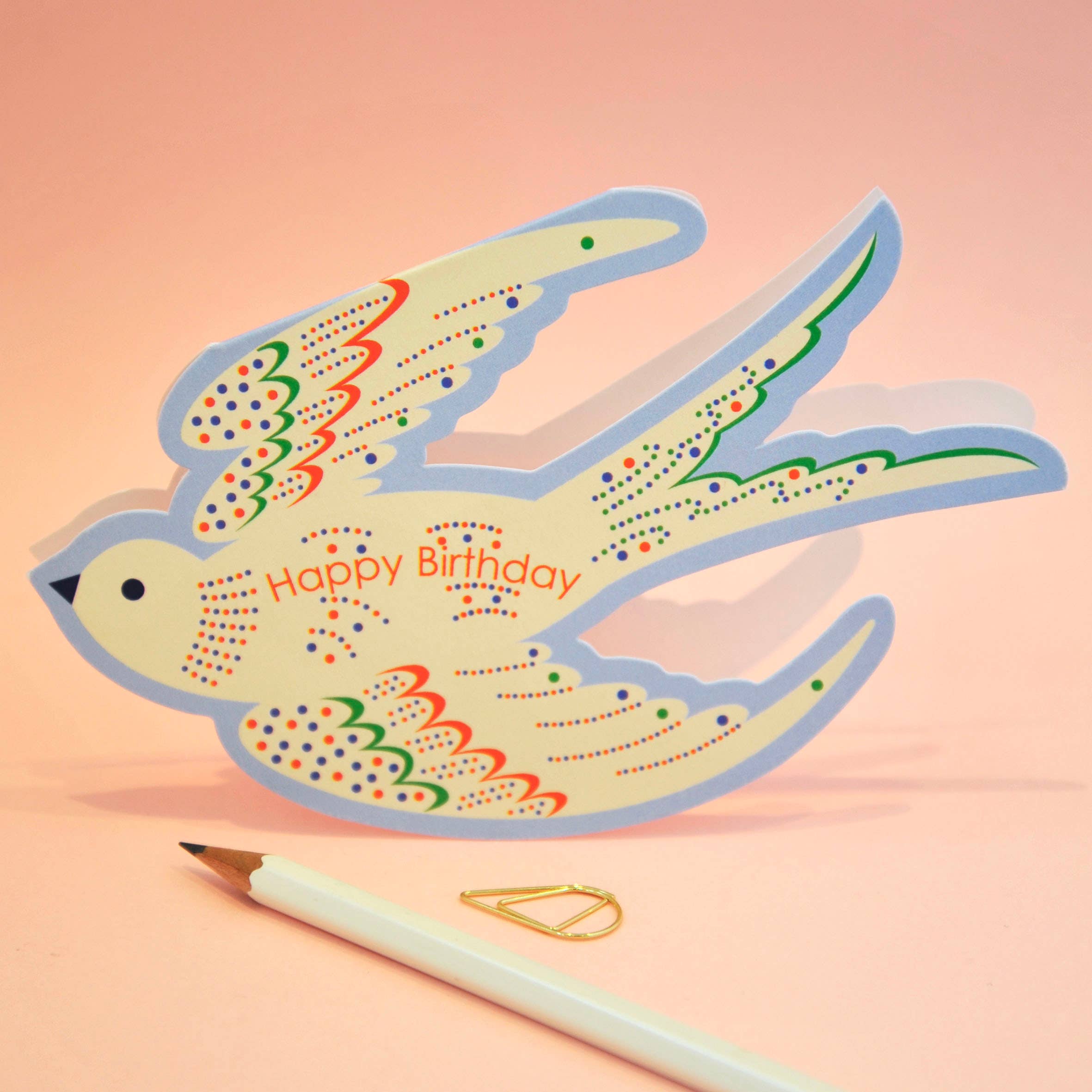 Whimsical Rocking Bird Happy Birthday - Blue Die Cut Card