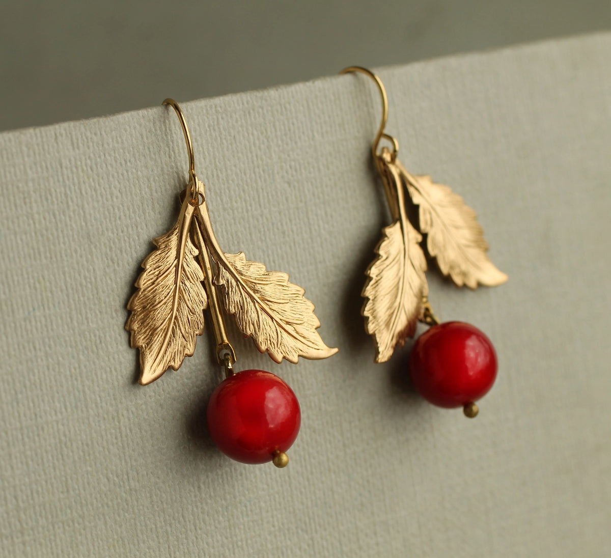 Gold Double Leaf Cherry Earrings