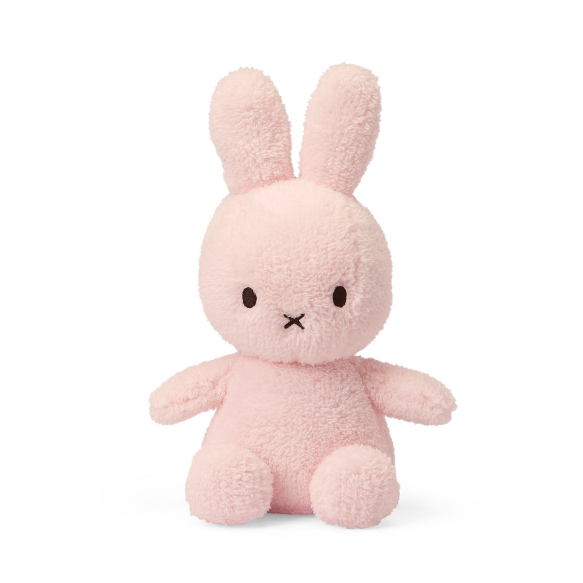 A small plush toy resembling a rabbit, in light pink soft terry fabric, with a simple design suitable for a newborn or young child.