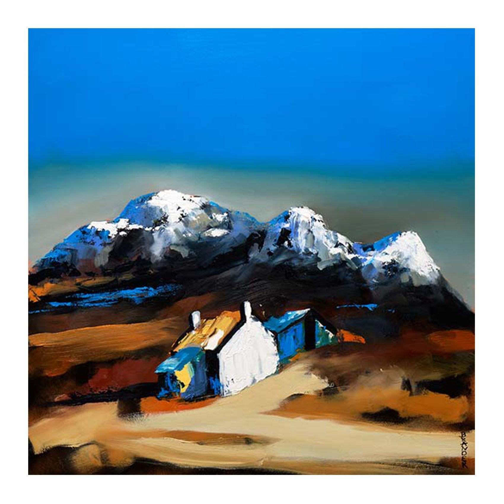 An art print of a snowy mountain range with a small cottage in the foreground, under a blue sky.