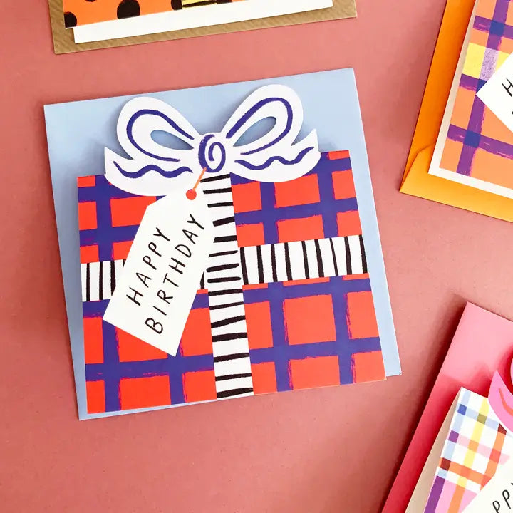 Red & Blue Check Birthday Bow Card