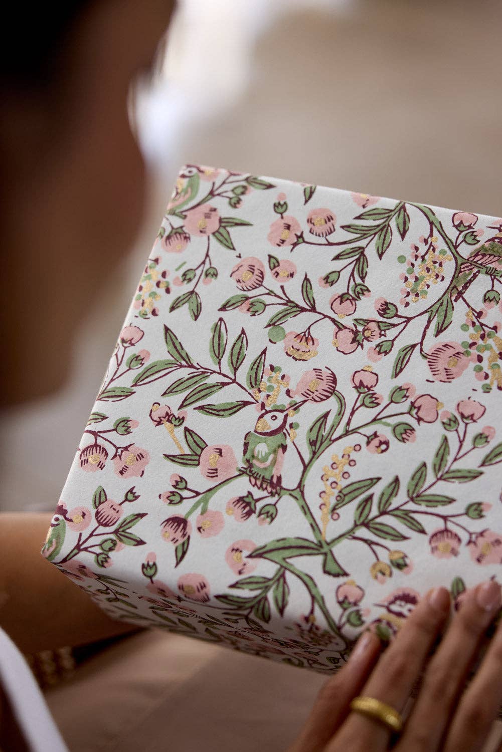 Song Birds Blush Block Printed Wrapping Paper