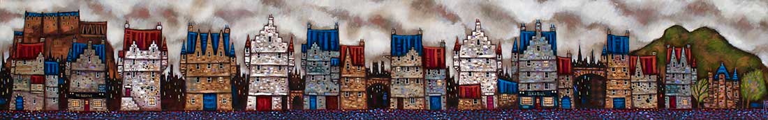 A row of old Edinburgh tenement buildings with the castle and Arthur's Seat 