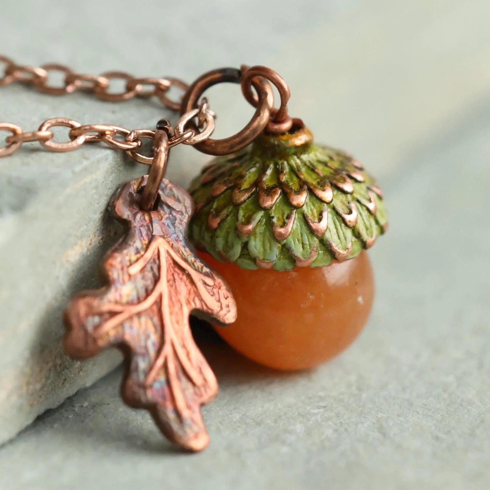 Amber Moss Acorn & Oak Leaf Necklace