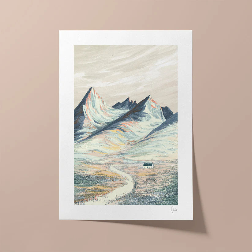 Art print of a mountain landscape with a small cabin on a beige background