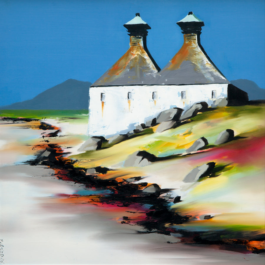 Painting of a white building with two towers on a colorful landscape.