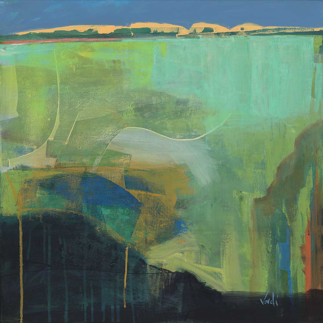 An abstract landscape painting featuring blocks of green and blue colors with a darker foreground and a high horizon line of sand dunes.