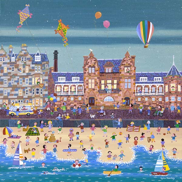 Art print featuring a vibrant scene with people on a beach, buildings, and a hot air balloon in the sky.
