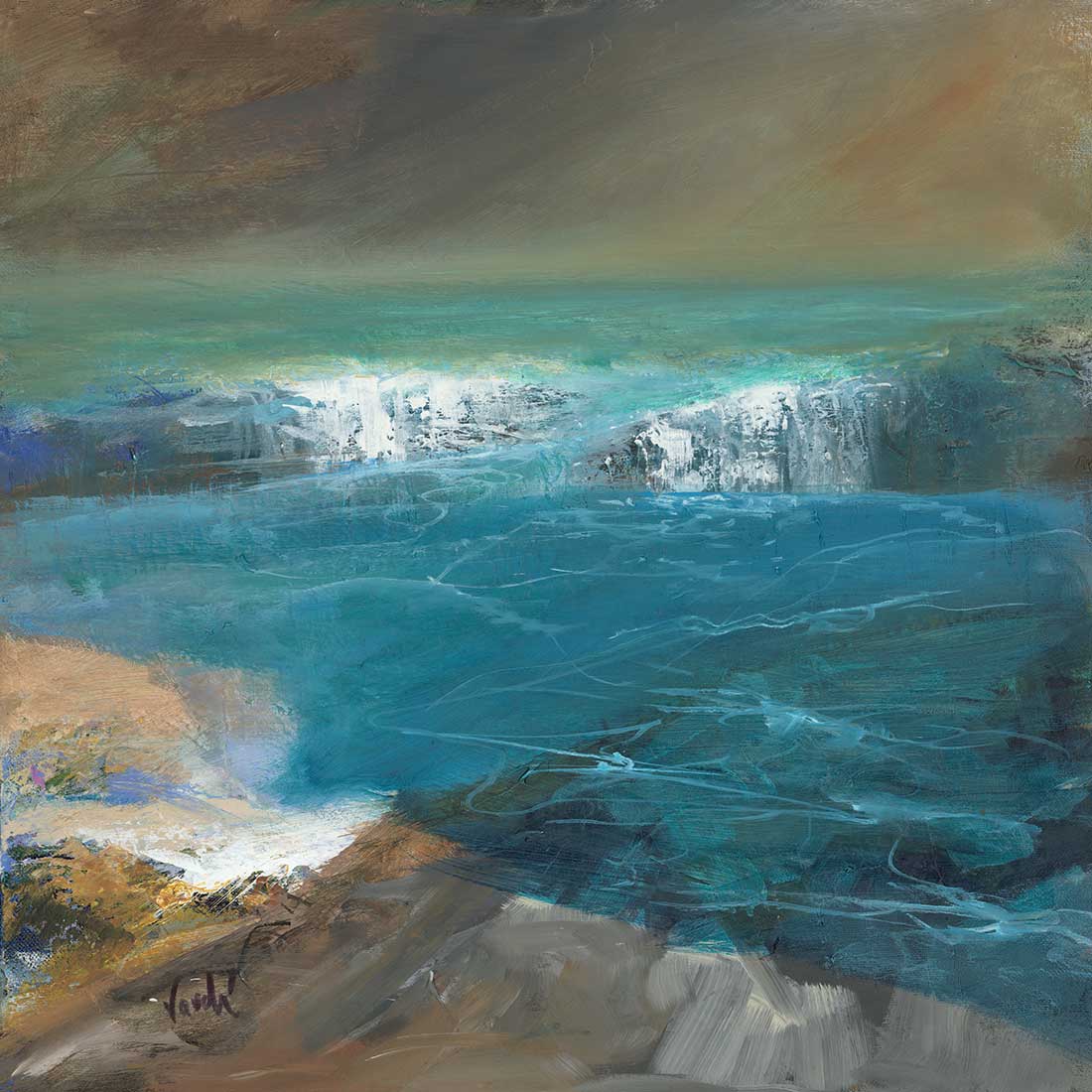 An art print of a abstract representation of a rocky shoreline with clear blue and brown hues, depicting the sea breaking over rocks.