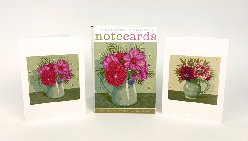 Pack Of 10 Dahlia and Cosmos & Grey Jug with Hellebores Notecards & Envelopes