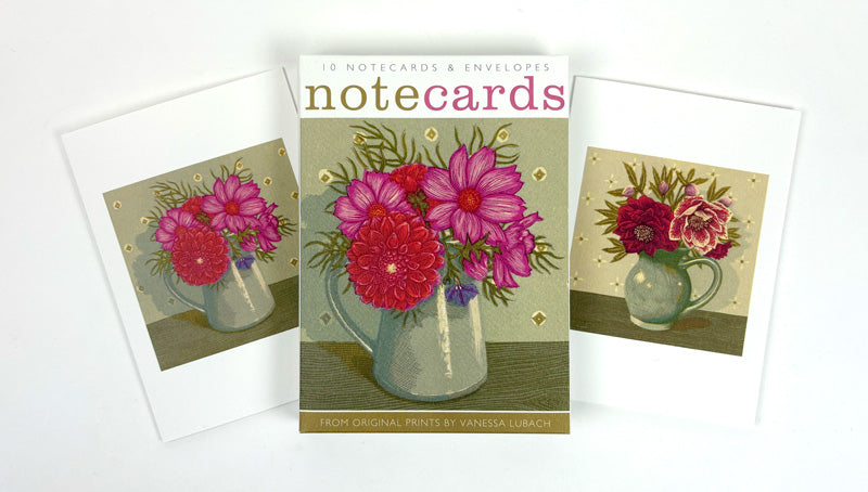 Pack Of 10 Dahlia and Cosmos & Grey Jug with Hellebores Notecards & Envelopes