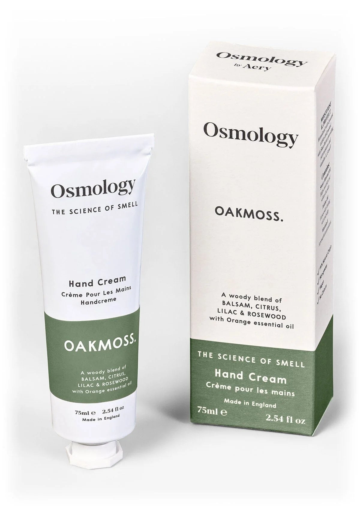 Osmology Oakmoss hand cream and packaging on a white background