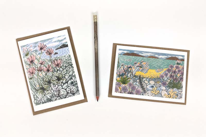 Pack Of 10 Sea Pinks & Pebbles & Island Primrose Notecard & Envelopes