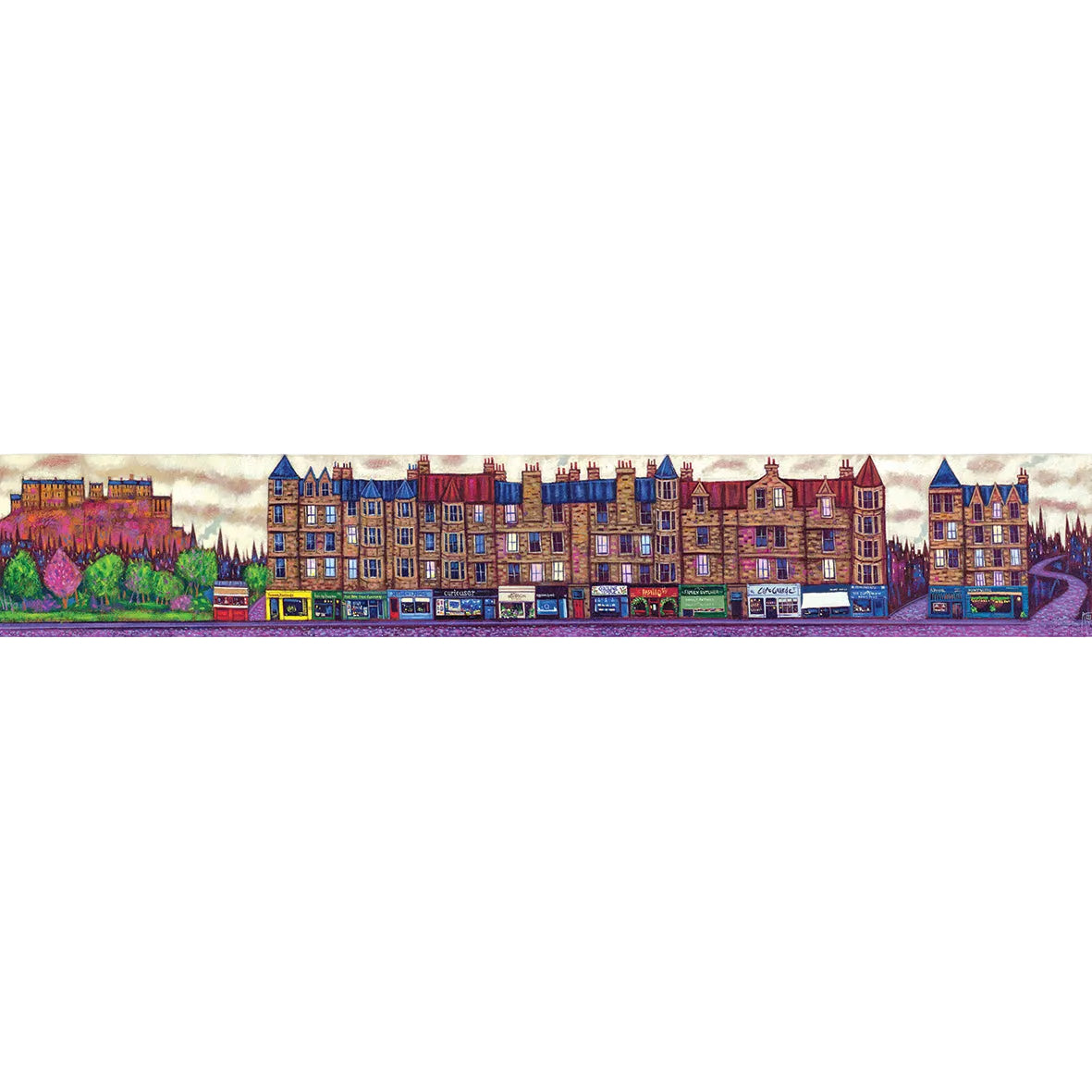 Colorful illustration of a row of buildings with shops on the ground floor. Bruntsfield Edinburgh.