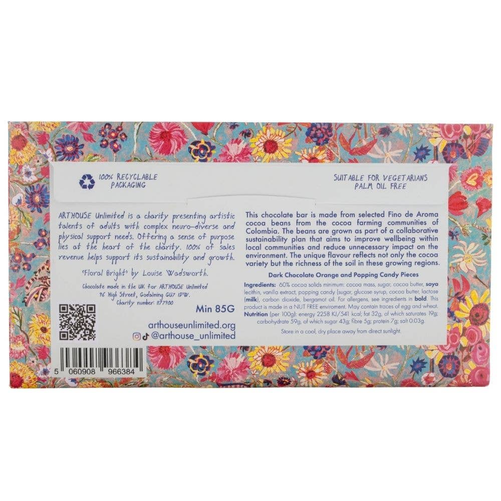 Floral Bright, Dark Chocolate Bar with Orange & Popping Candy Pieces
