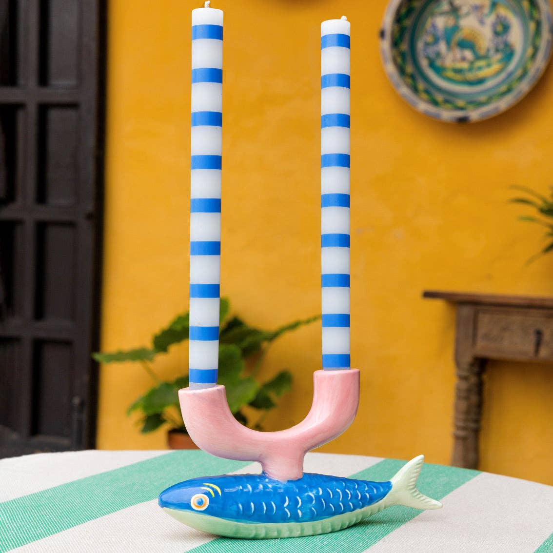 Blue Stripe Dinner Candles