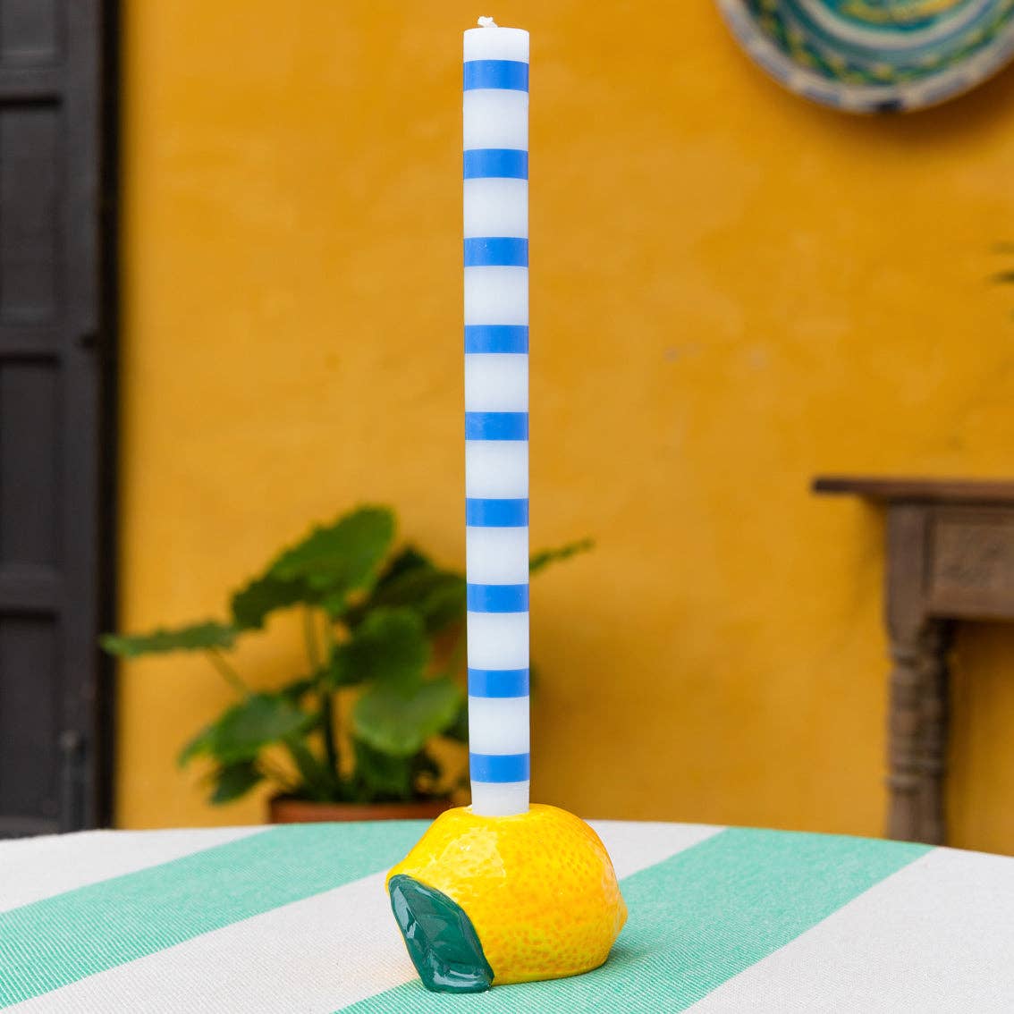 Blue Stripe Dinner Candles
