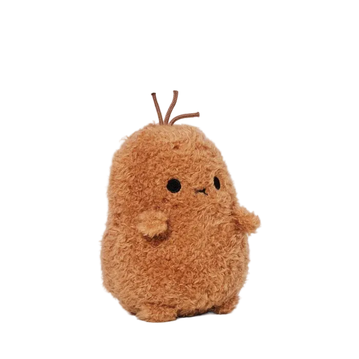 Brown plush toy resembling a cartoon character on a white background